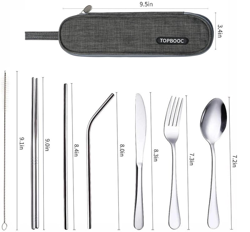 Topbooc Travel Stainless Steel Utensils Set with Case â€“ 8-Piece Reusable Flatware Kit Includes Fork, Knife, Spoon, Chopsticks, Straws, Brush & Bag â€“ Portable Cutlery for Camping, Work, Picnic (Silver) - Image 3